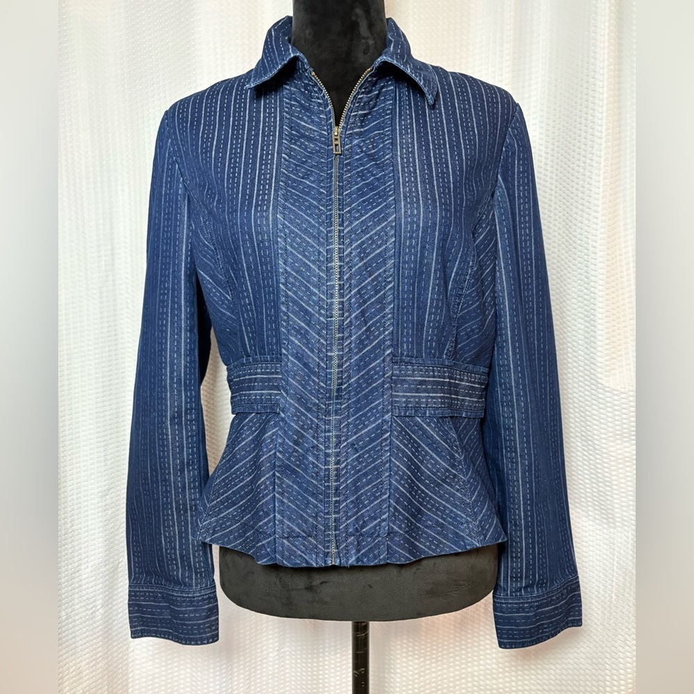 Bandolino unique vertical & horizontal striped denim jacket zipper closure size8